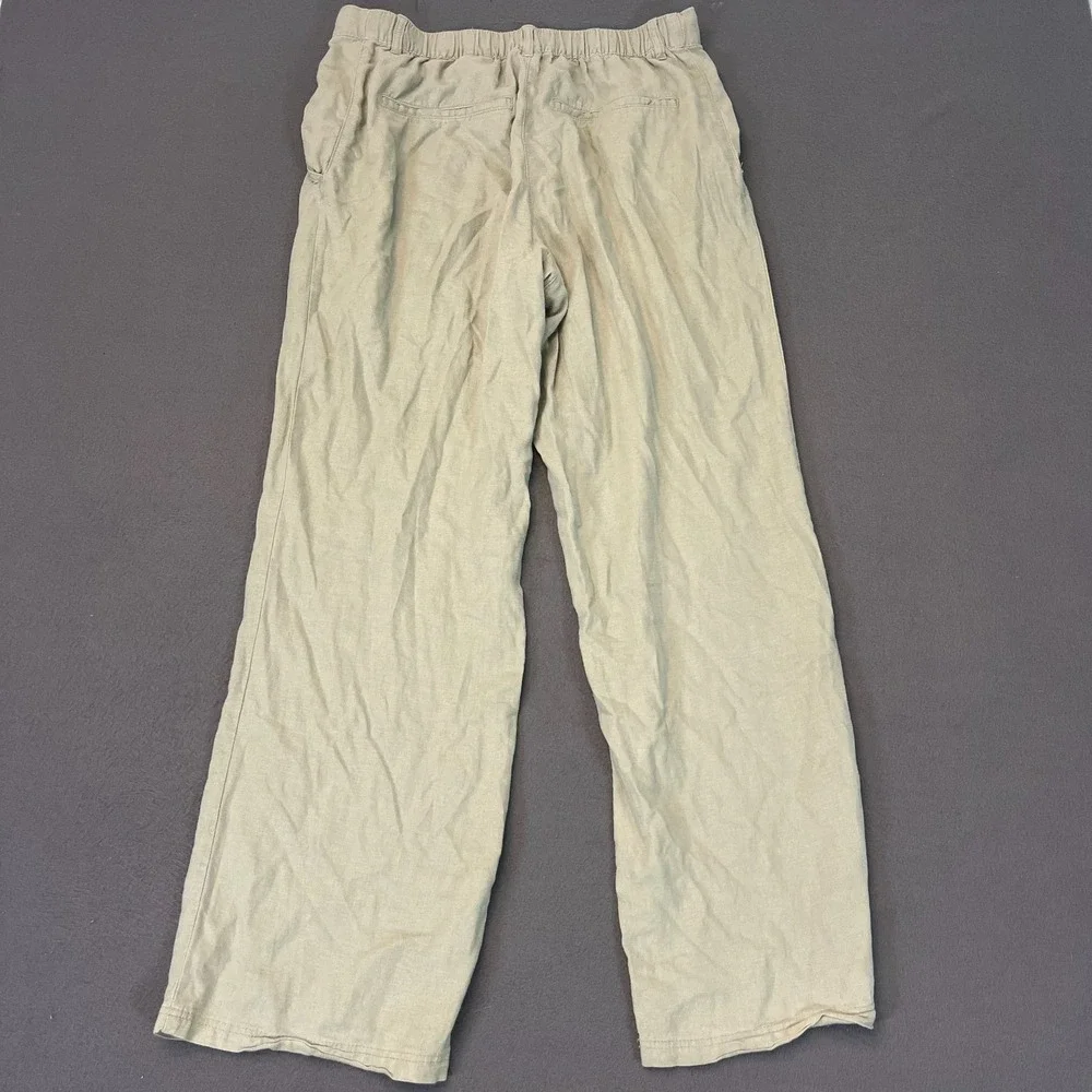 H&M Linen Blend Straight Retro Trouser Pants Women's Sz 12 Green Grey Beach Wide